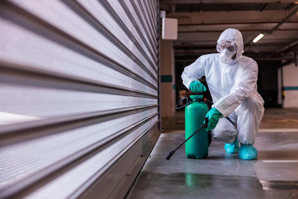 man-protective-sterile-uniform-crouching-disinfecting-garage-with-disinfectant-min